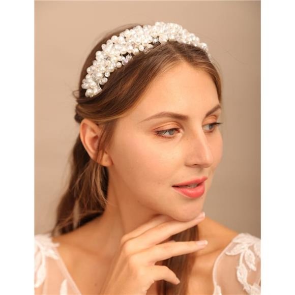 YERTTER Vintage Wedding Pearl Beads Crystal Tiara Hair Crown Handmade Bride main image 6